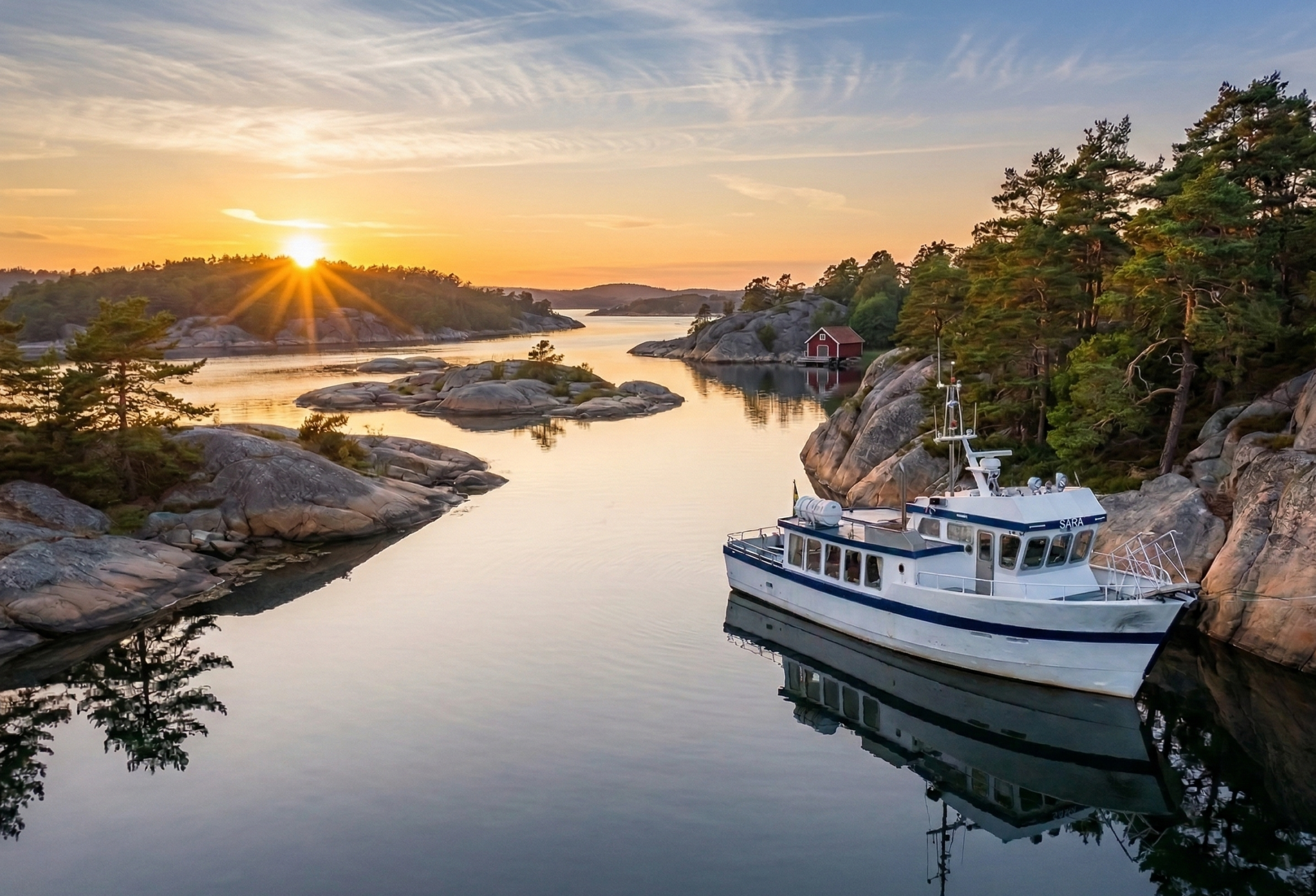 M/S Sara on a sunset boat tour in the Bohuslän archipelago on the west coast, departing from Strömstad, Grebbestad, the Koster Islands or Fjällbacka